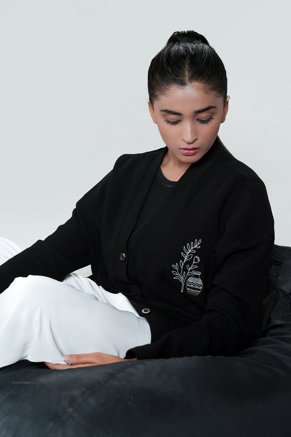 Waffle Grid Embroidered Cardigan