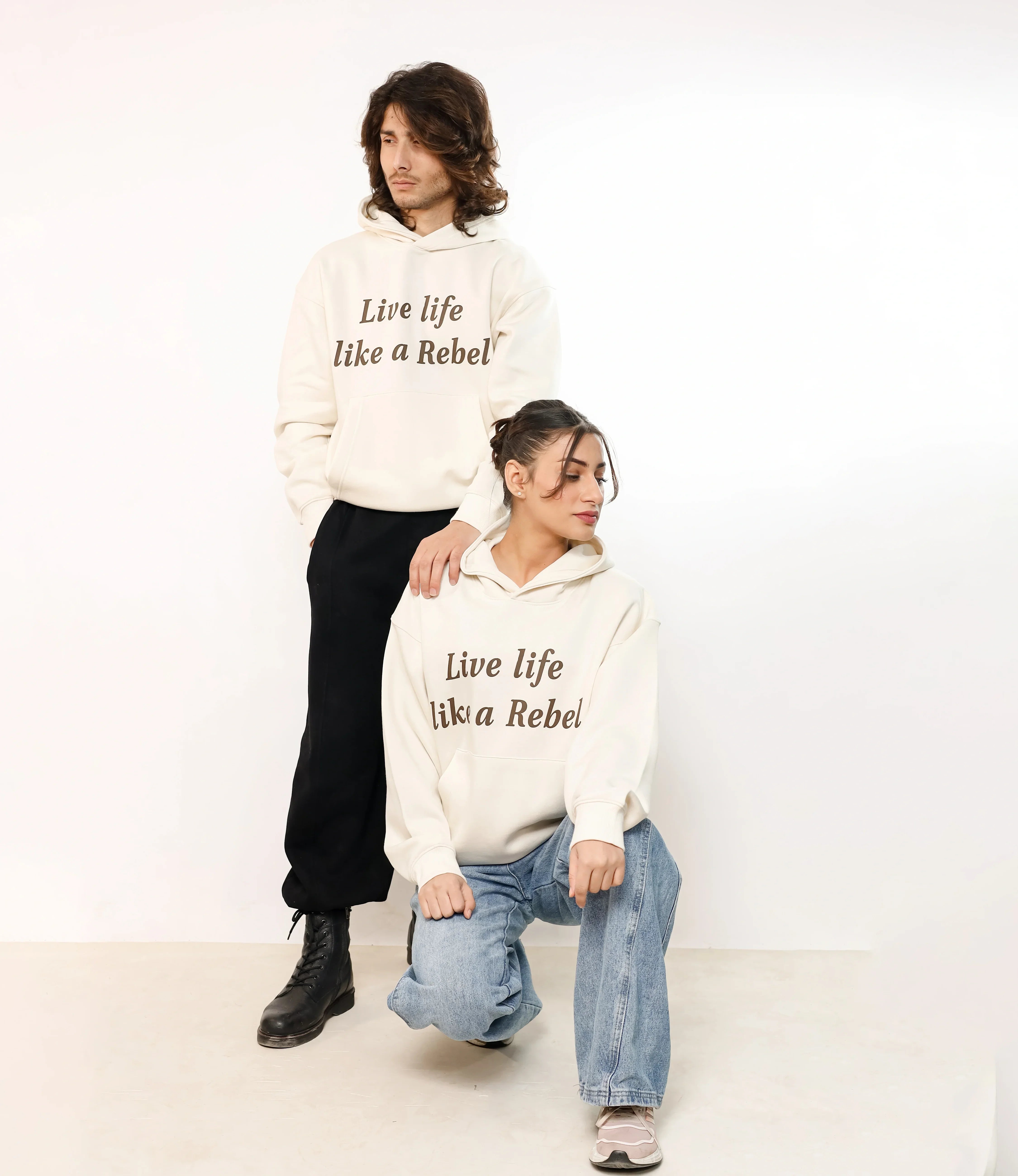 Cream White Printed Hoodie