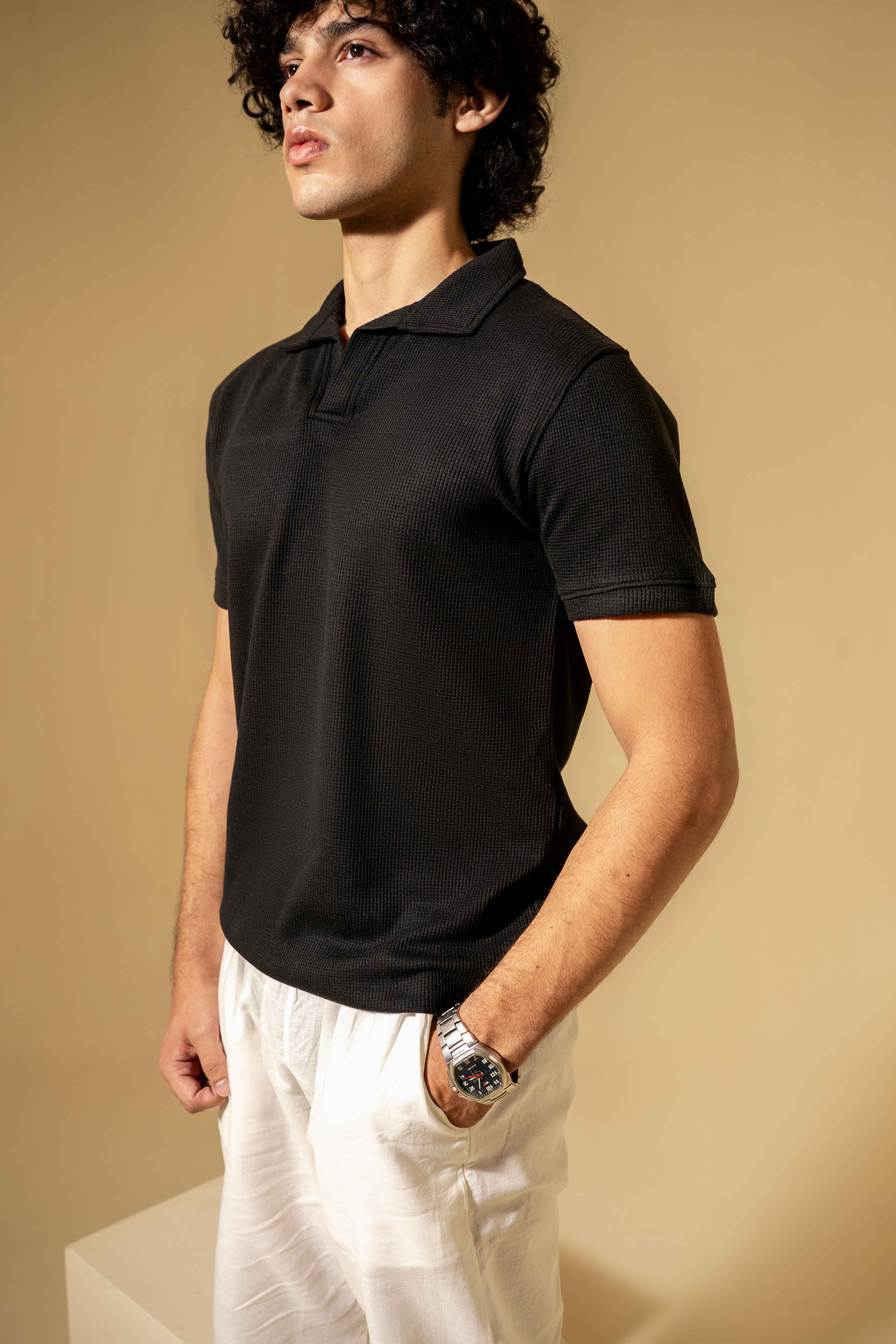 Jet Black Waffle Polo Shirt
