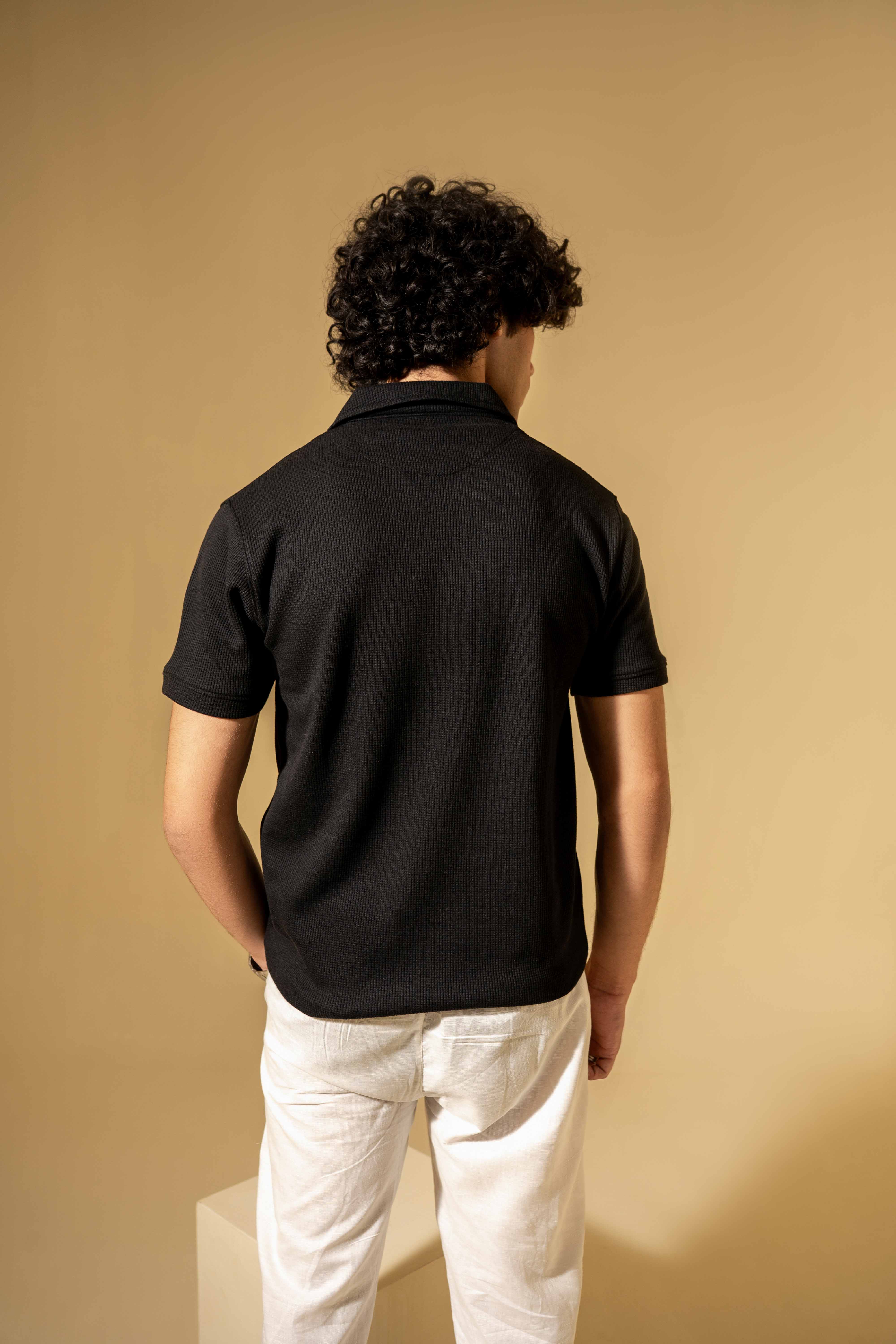 Jet Black Waffle Polo Shirt