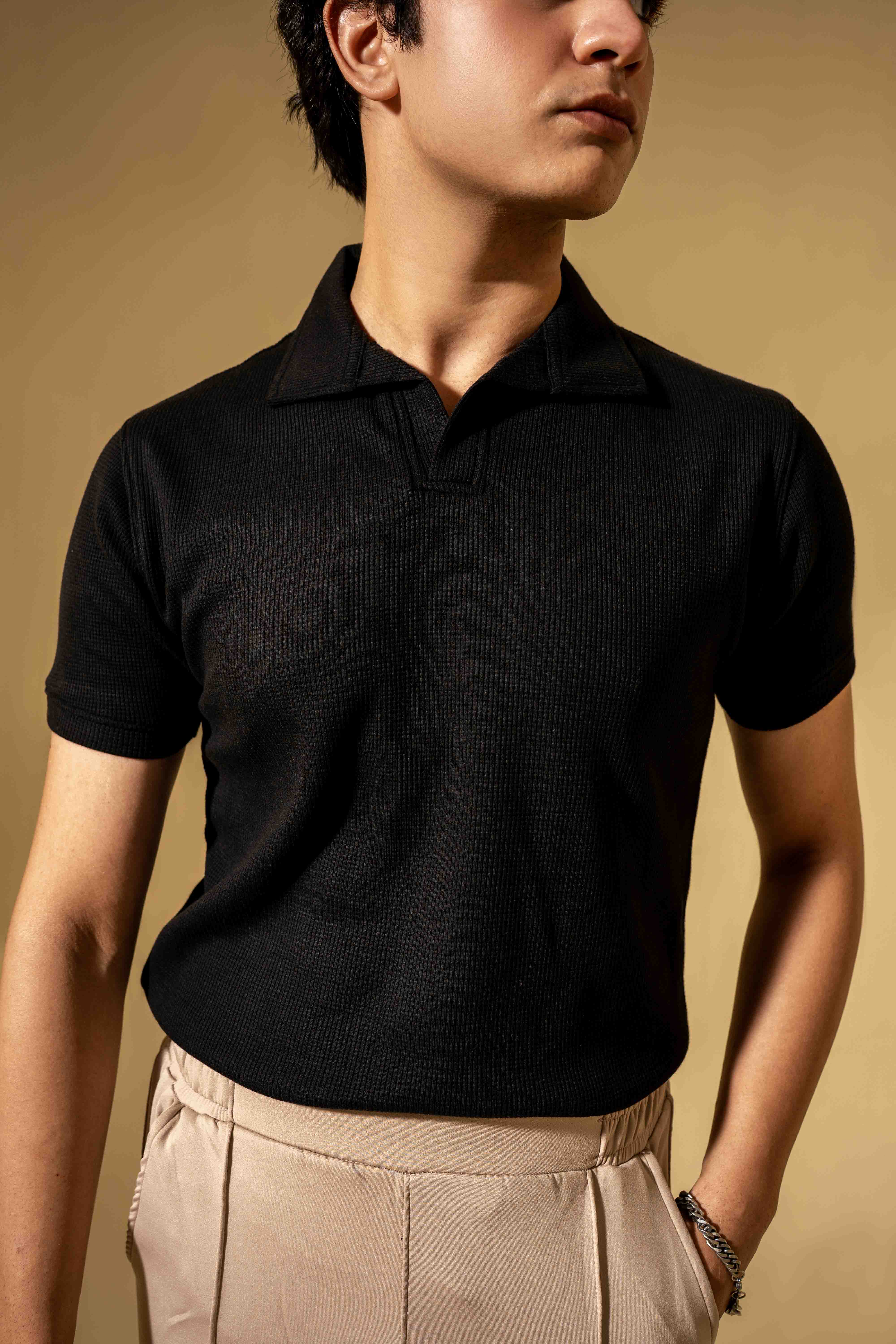 Jet Black Waffle Polo Shirt