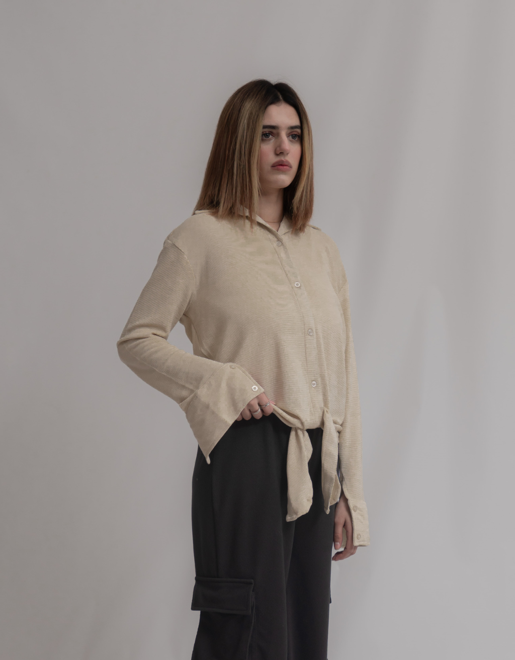 Neutral Beige Button-Down Shirt