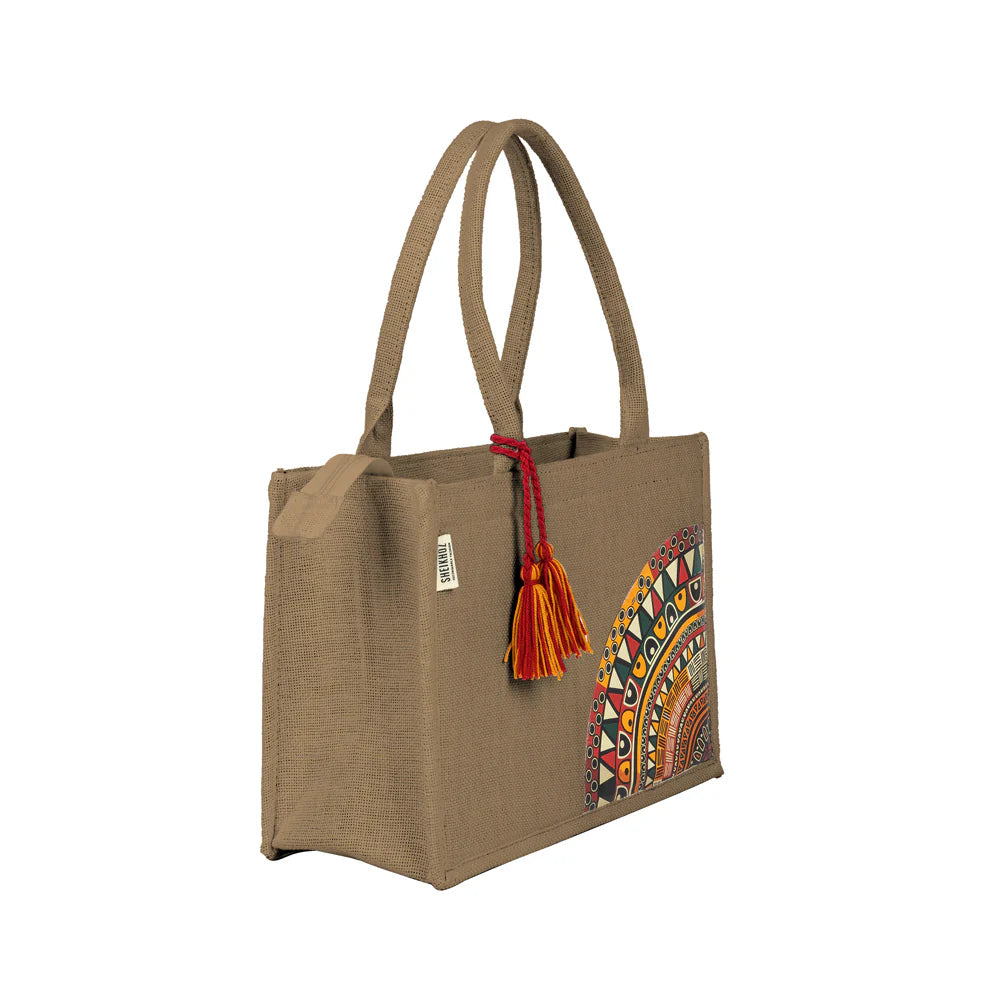 Earthy Chic Jute Tote - Warm Beige Tote with Tassel