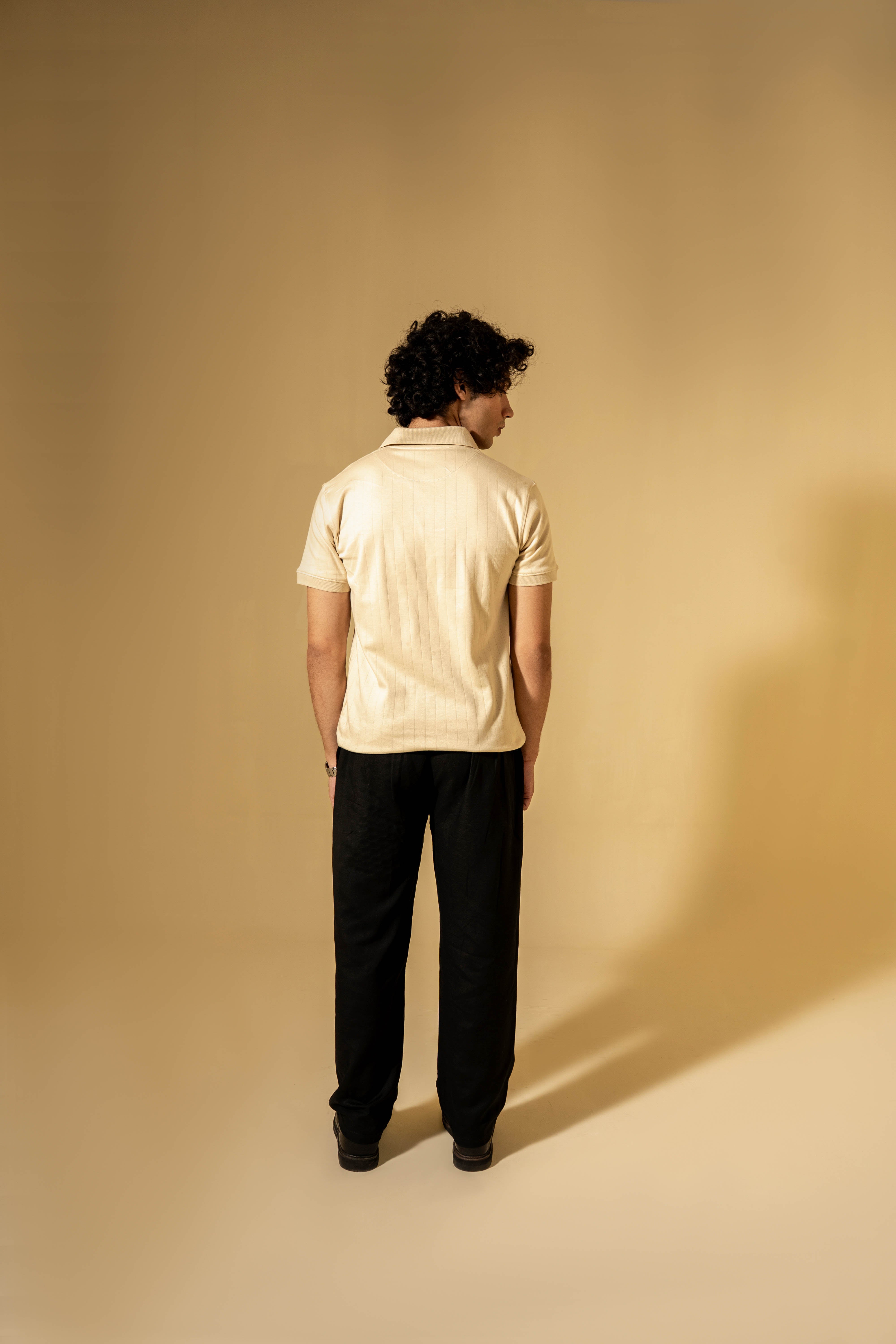 Cream Ribbed Knit Polo Shirt