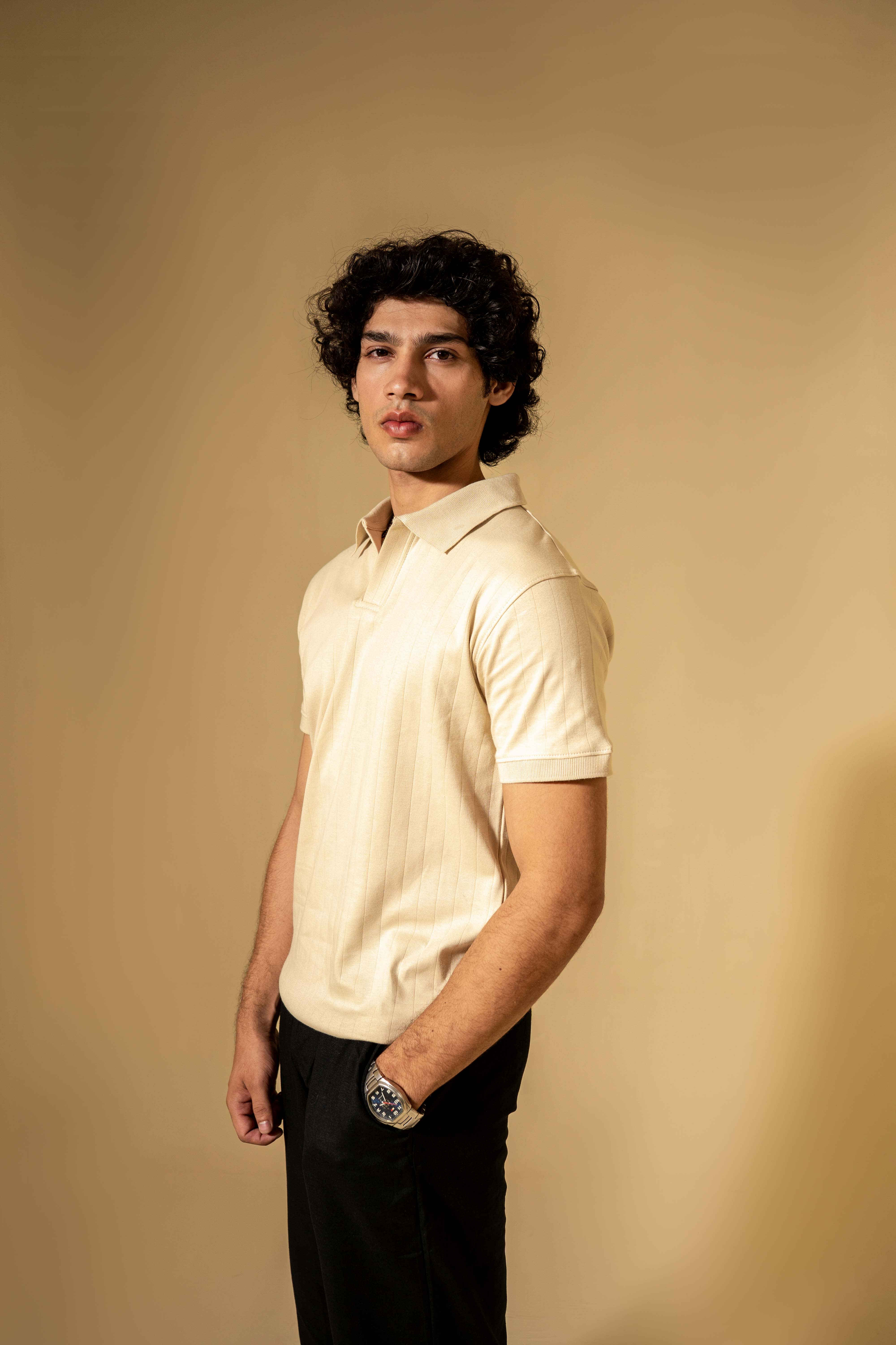 Cream Ribbed Knit Polo Shirt
