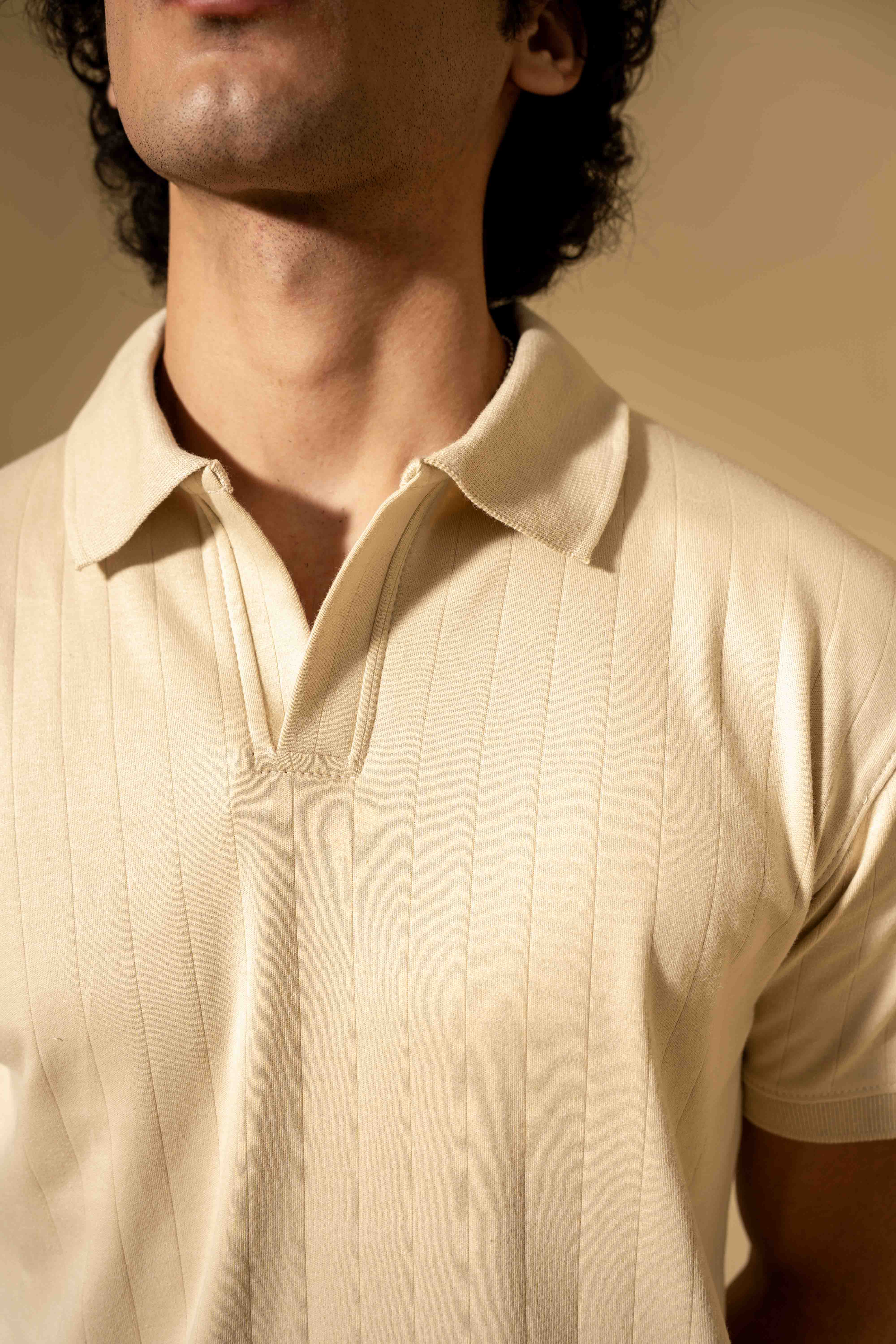 Cream Ribbed Knit Polo Shirt
