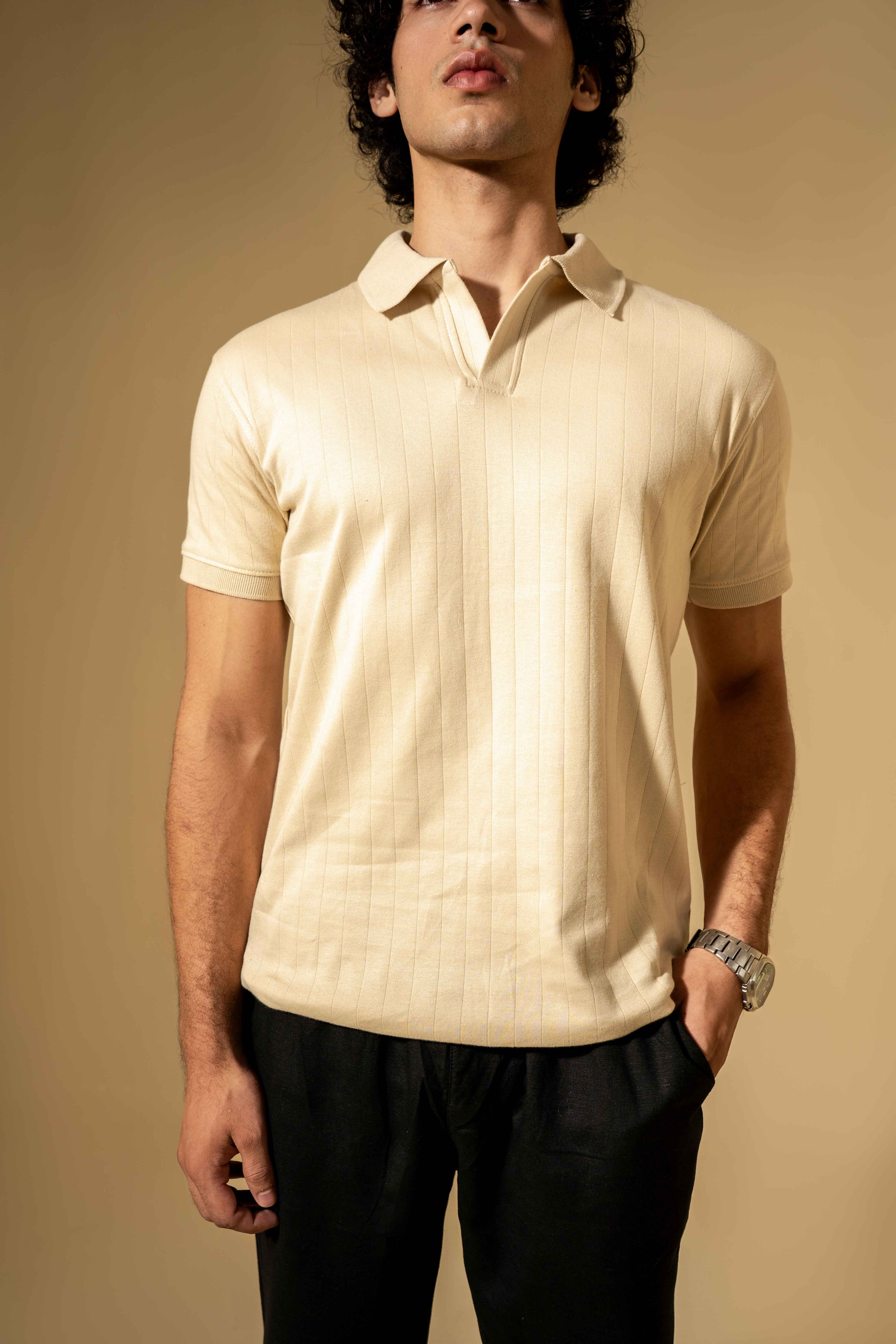 Cream Ribbed Knit Polo Shirt