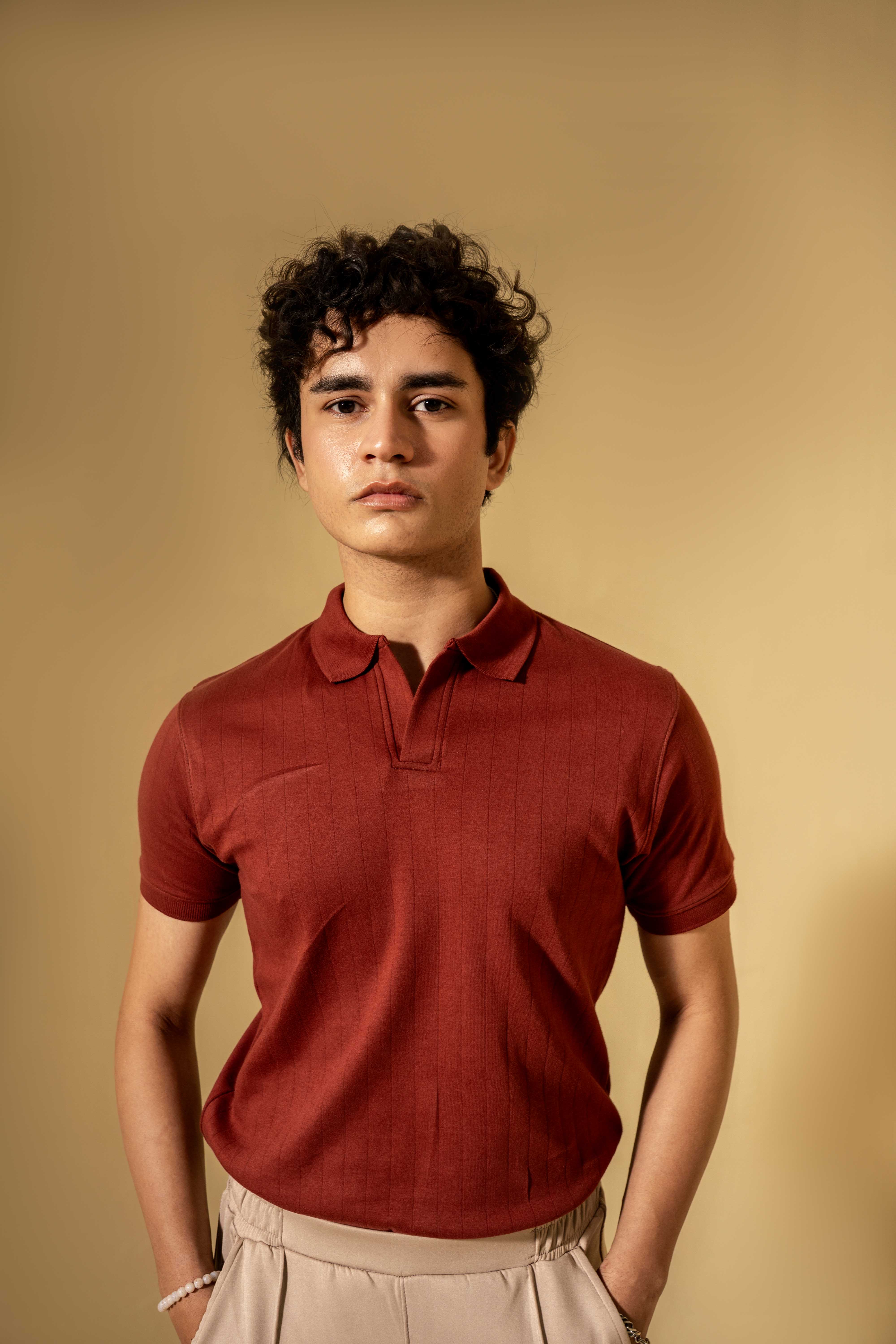 Rust Red Ribbed Knit Polo Shirt