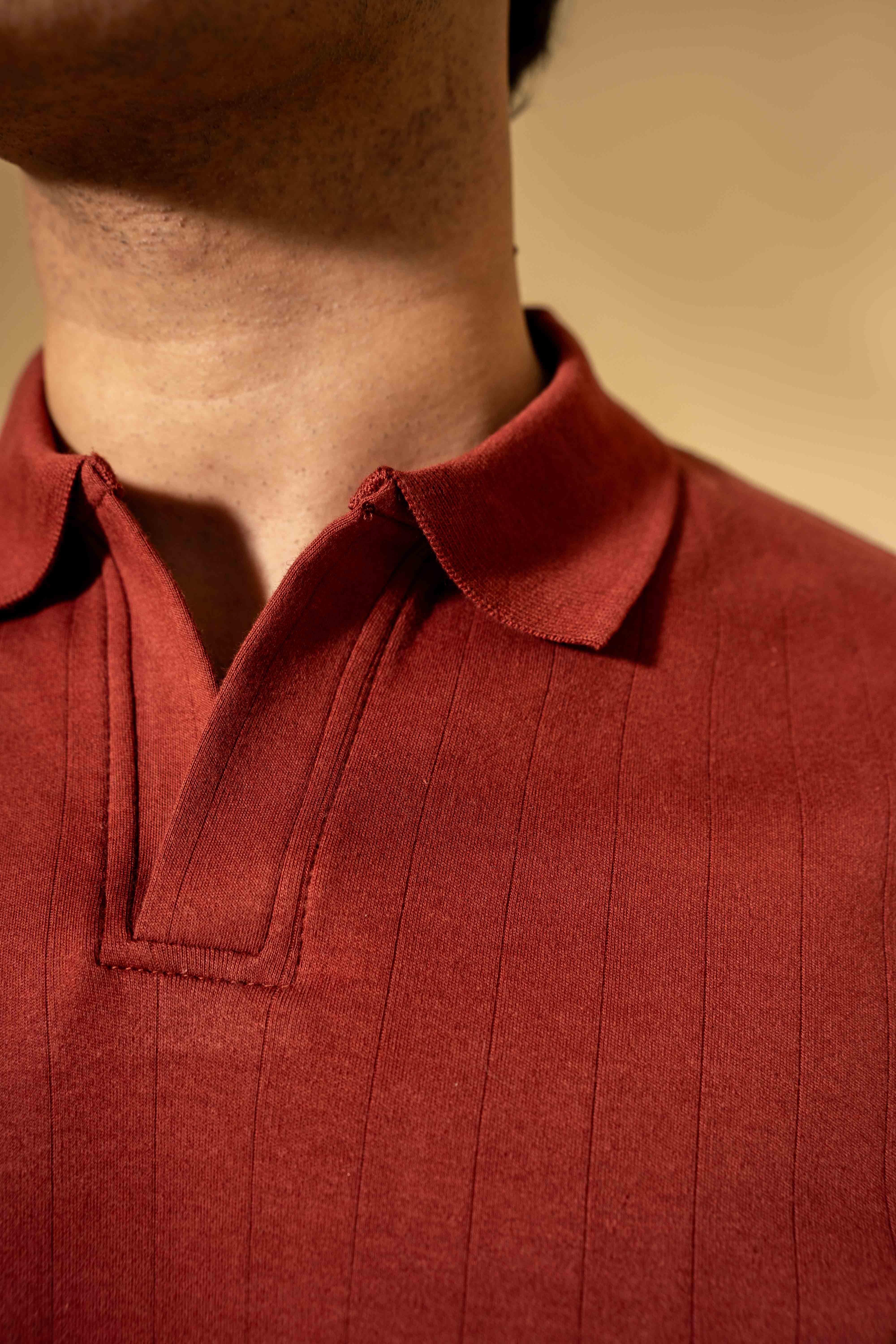 Rust Red Ribbed Knit Polo Shirt