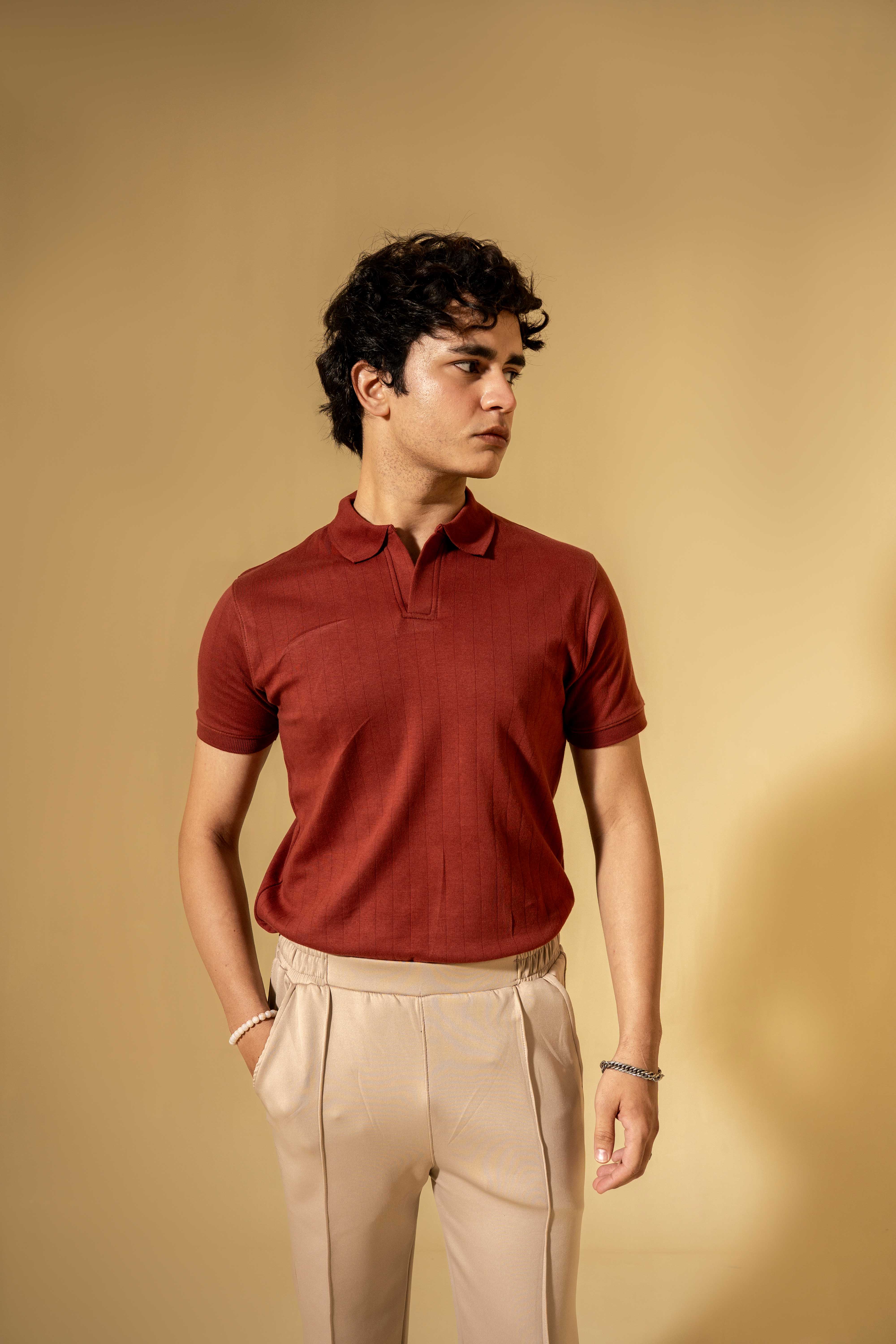 Rust Red Ribbed Knit Polo Shirt