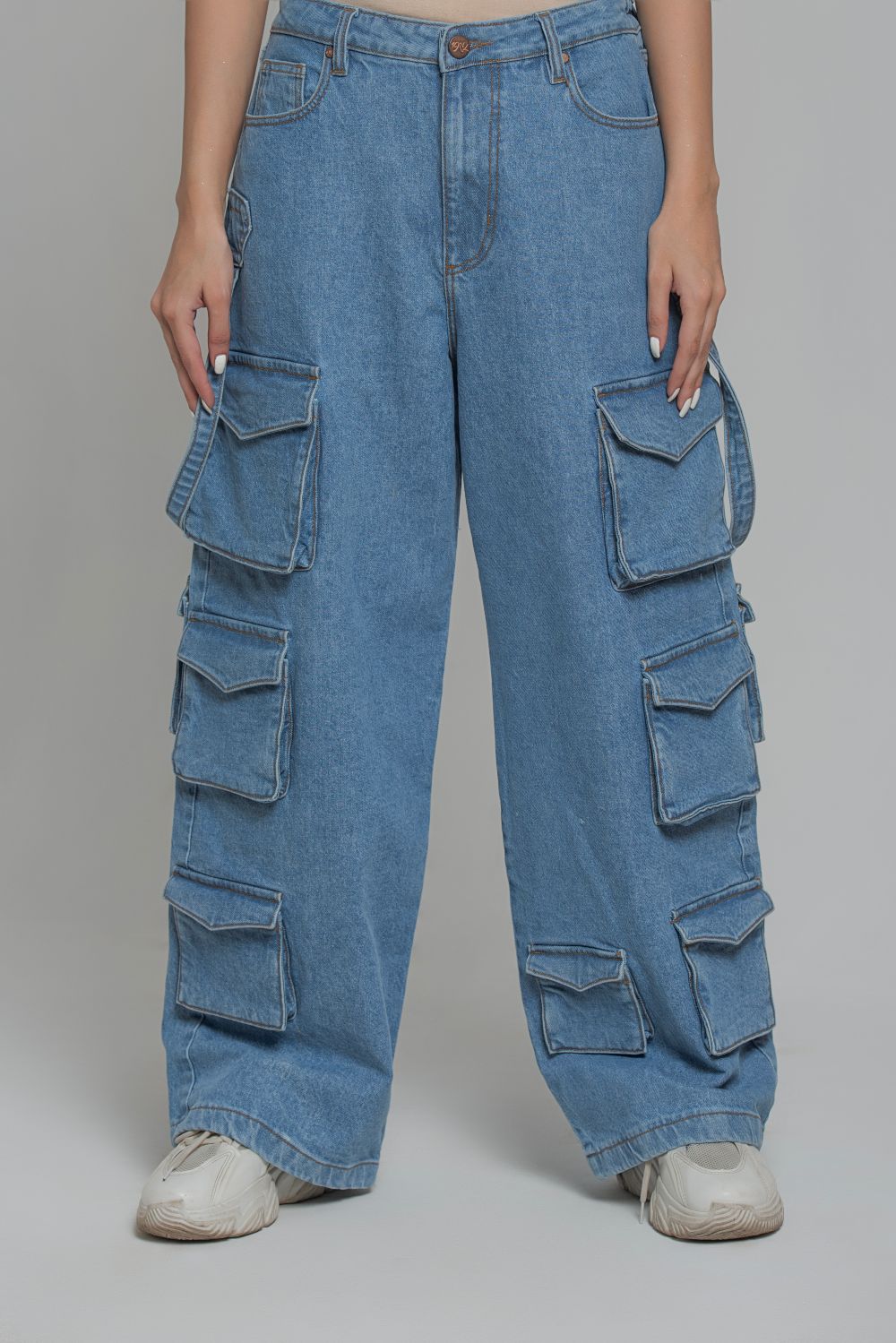 Blue Multi Pocket Cargo Jeans-Women