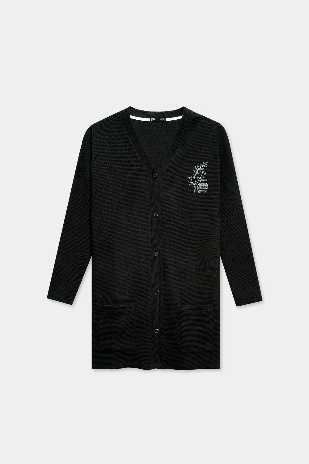 Waffle Grid Embroidered Cardigan