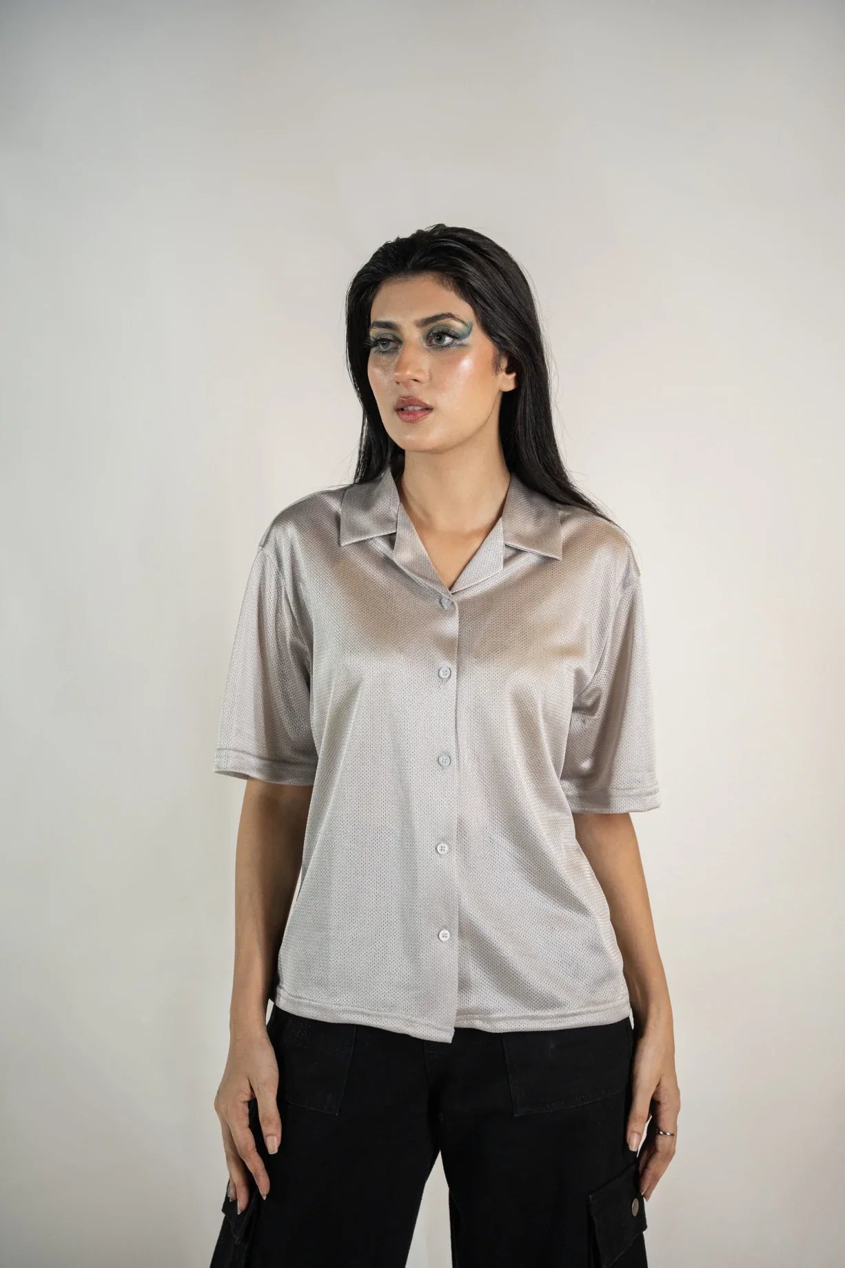 Silky Mesh Relax Fit Cuban Collar Shirt - Grey