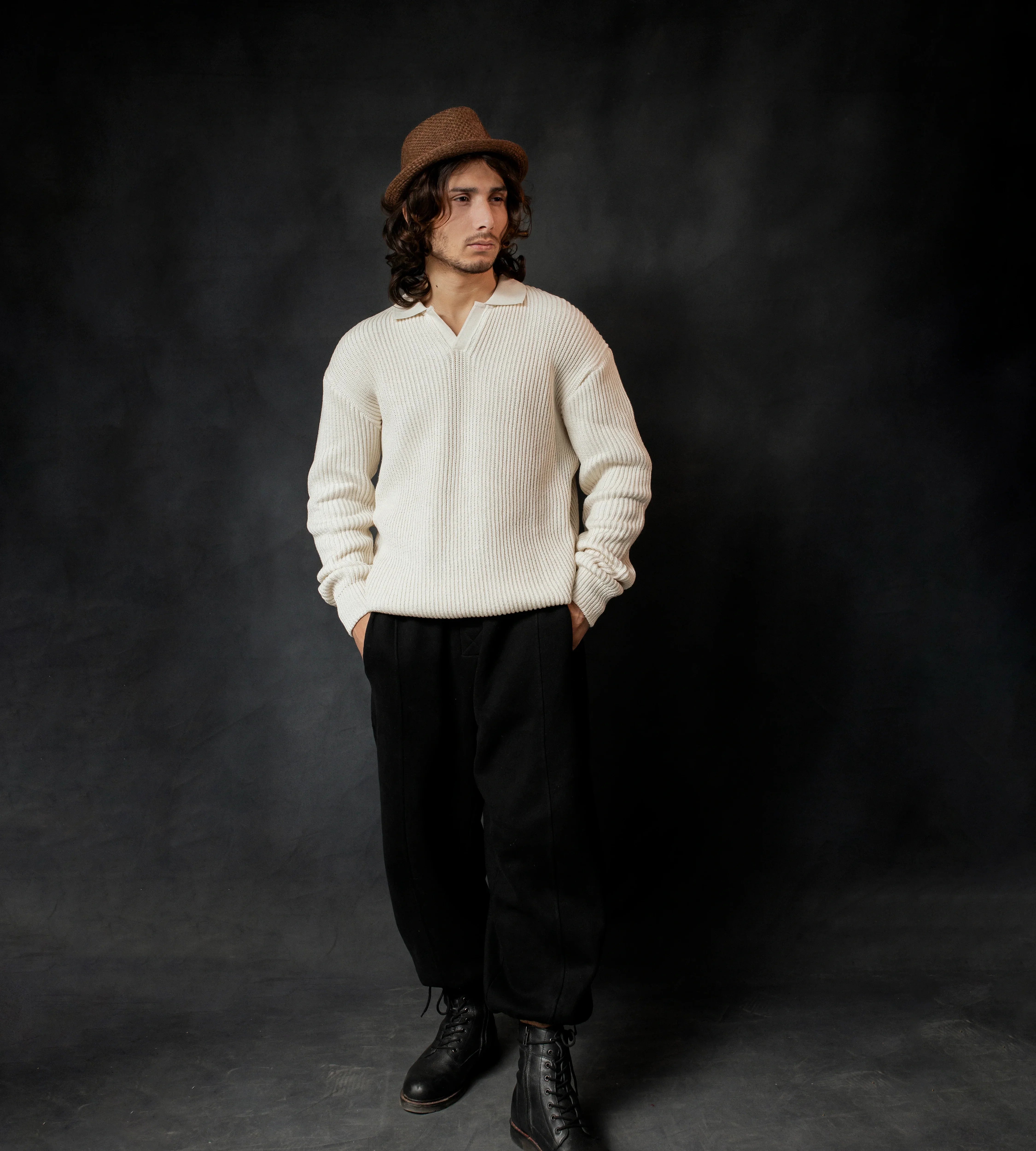 Ivory White Knitted Johnny Collar Sweater