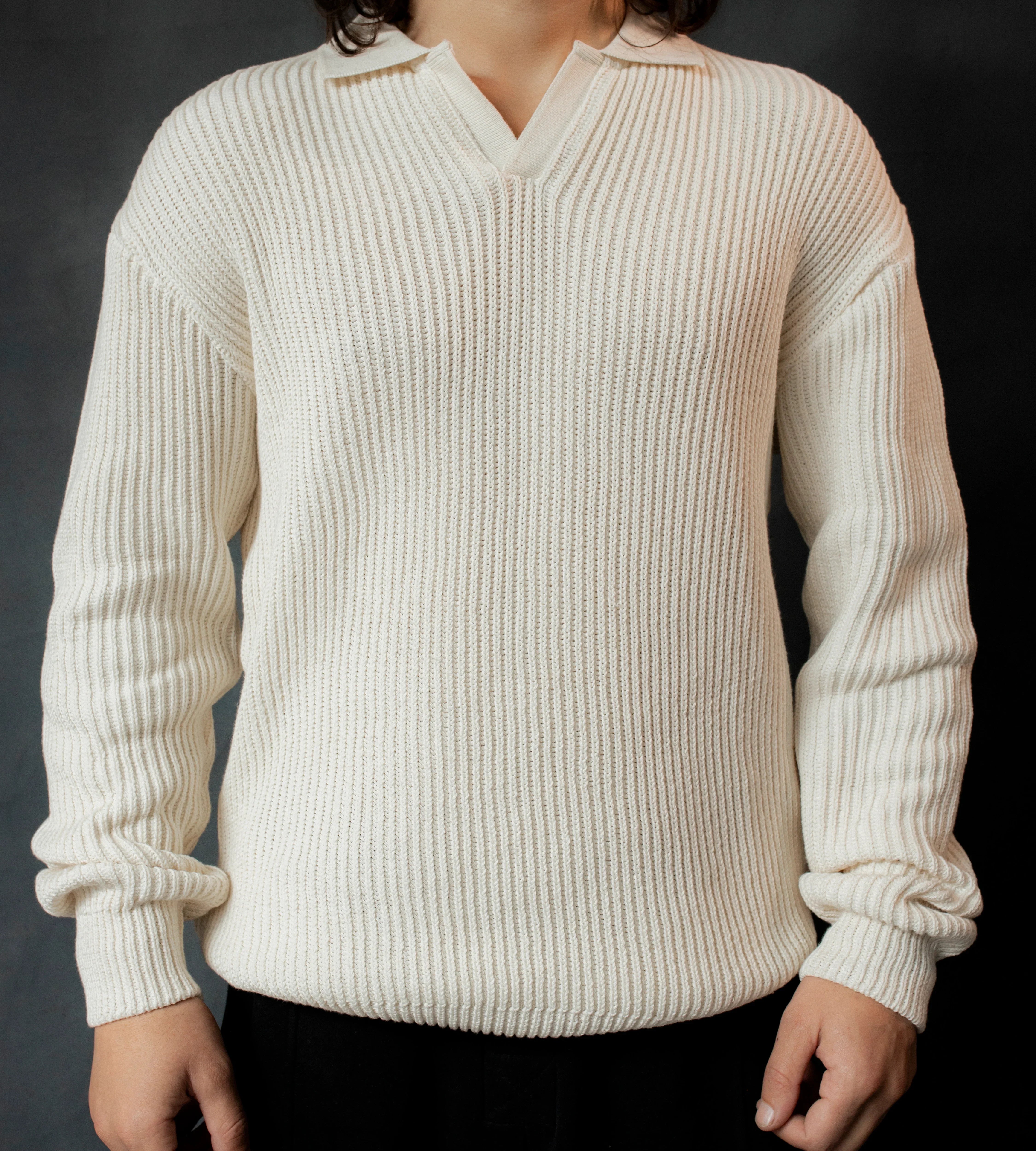 Ivory White Knitted Johnny Collar Sweater