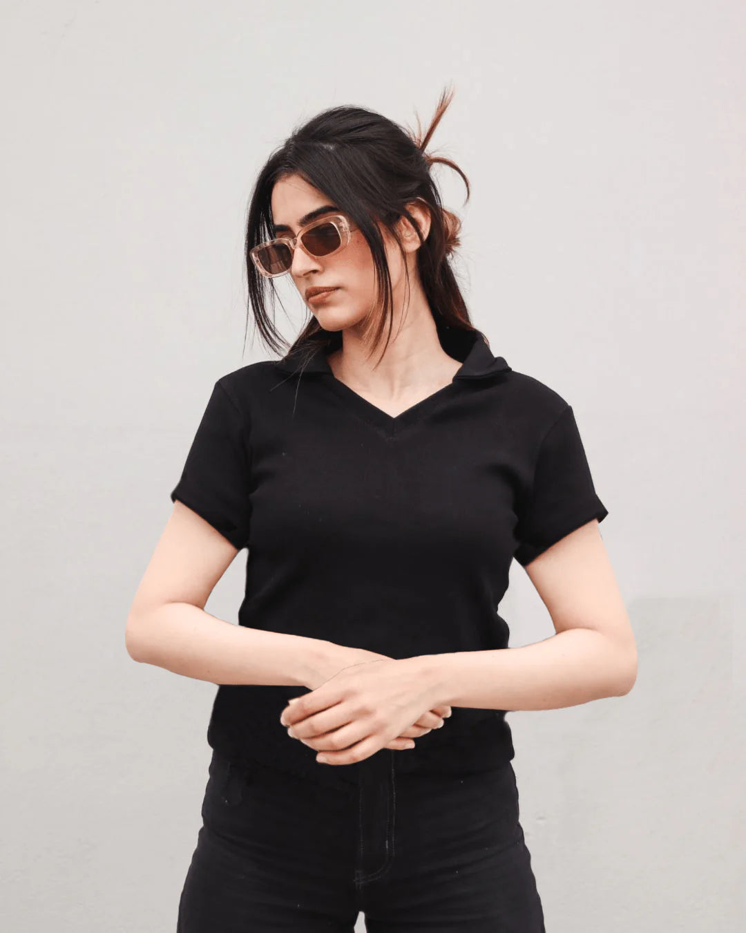 Black Polo Half Sleeves Ribbed Shirt